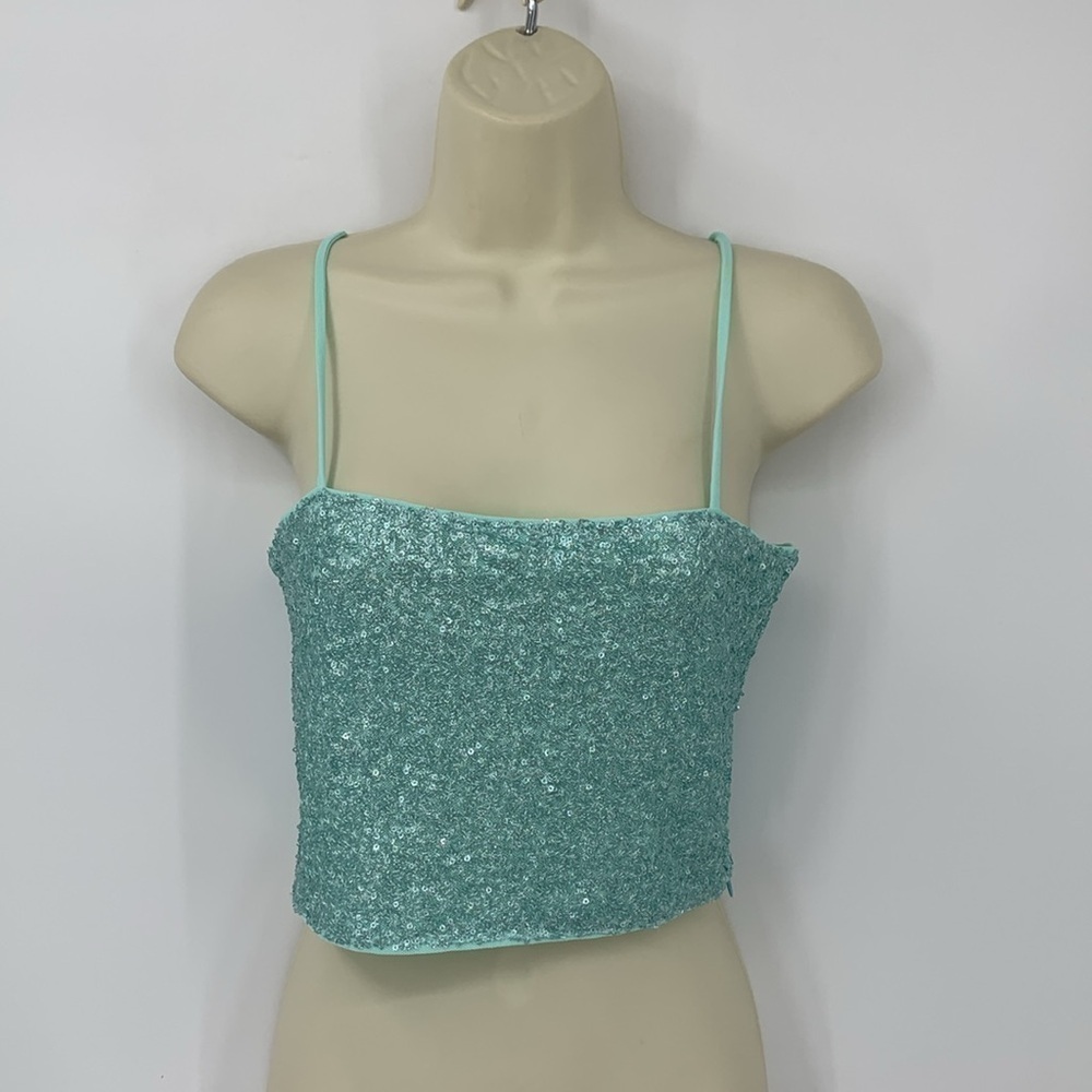 Susana Monaco sequin cropped tank top shirt mint green spaghetti strap new M